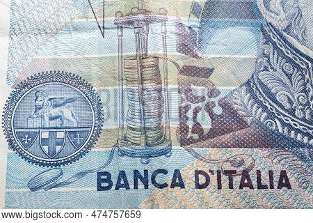 Extreme Close Up Of Old Obsolete Old Vintage Lire Banknote With Inscription Banca Ditalia Means Ital