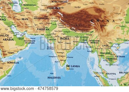 Close Up Of A World Map With Asian Side, India Subcontinental In Focus