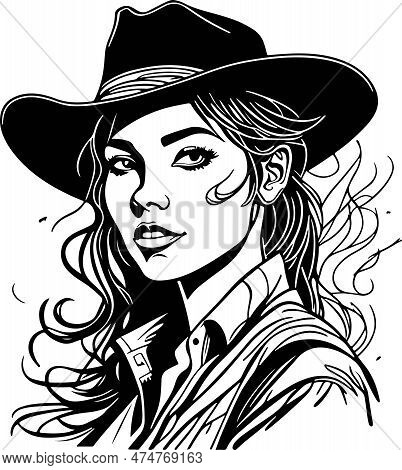 Fantastic Monochrome Cowboy Woman Portrait Great Vector