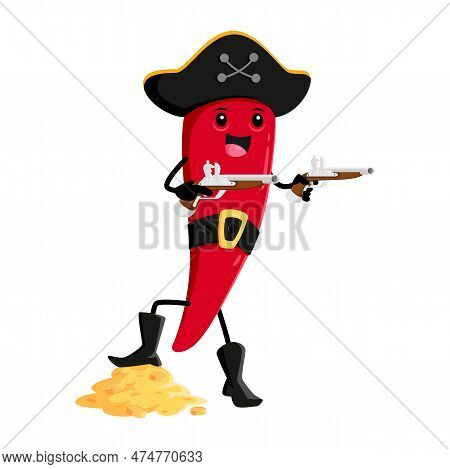 Cartoon Red Hot Chili Pepper Pirate And Corsair Character With Treasure Pile And Muskets. Vector Cap