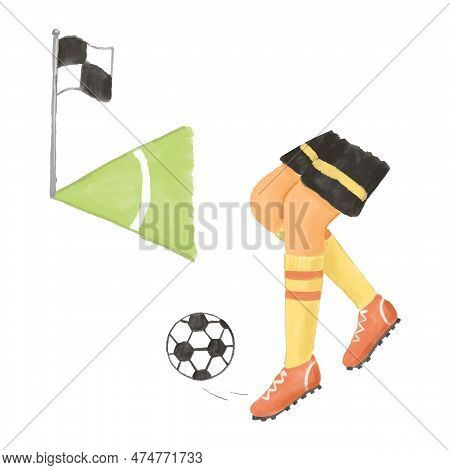 Soccer Player Illustration Isolated On White. Feet Of Football Player With Ball. Corner Of Football 