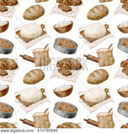Watercolor Bread Seamless Pattern. Hand Drawn Baking Products Background. Loaf Of Wheat Bread, Dough