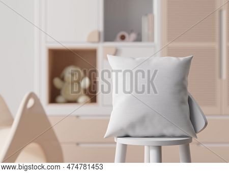 White Square Pillow In Kids Room. Blank Cushion Case Template For Your Graphic Design Presentation. 