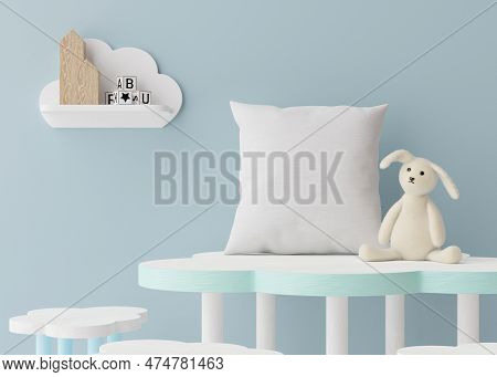 White Square Pillow In Kids Room. Blank Cushion Case Template For Your Graphic Design Presentation. 