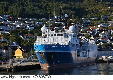 Maloy, Norway - July 25, 2020: Oceanic Phoenix Cable Laying Ship Converted To Research Vessel Moored