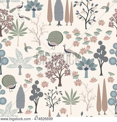 Traditional Mughal Garden With Trees, Palms, Lotus, Peacock, Vector Illustration Seamless Pattern Fo