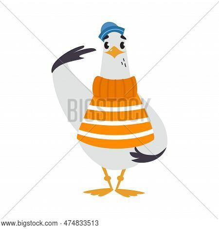 Gull Character With Webbed Feet Wearing Striped Sweater And Peakless Hat Saluting Vector Illustratio