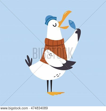 Gull Character With Webbed Feet Wearing Sweater And Peakless Hat Eating Fish Vector Illustration
