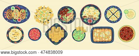 Set Of Traditional Mexican Food. Mexican Cuisine. Tacos, Tortilla, Quesadilla, Fajitas, Nachos, Burr
