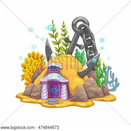 Cartoon Underwater Anchor Fairy House. Vector Building Of Ocean And Sea Bottom Fantasy World. Cute S