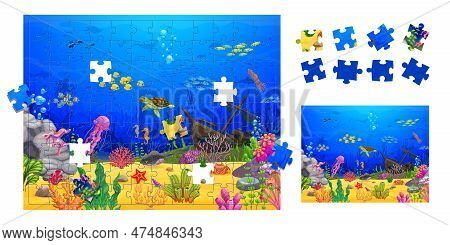 Jigsaw Puzzle Underwater Landscape Pieces. Cartoon Sunken Ship, Turtle And Fish Shoal. Vector Educat