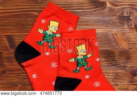 Tyumen, Russia-january 23, 2023: Socks With The Image Of Bart Simpson. Logo Close-up.