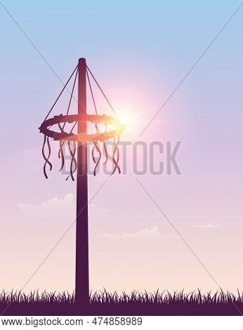 Maypole With Ribbons On Meadow Silhouette On Sunny Background