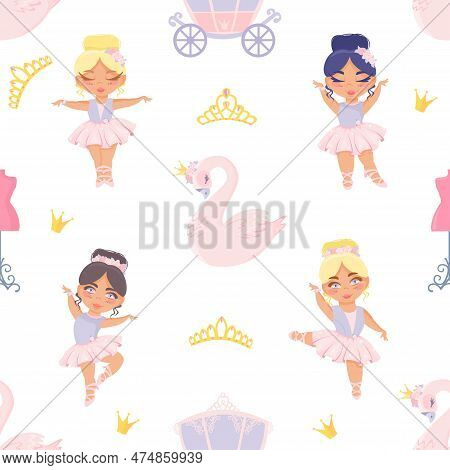 Seamless Vector Pattern. Cute Fairy Tale Princesses Ballerinas, Princess Swan, Carriage, Crowns. Fai