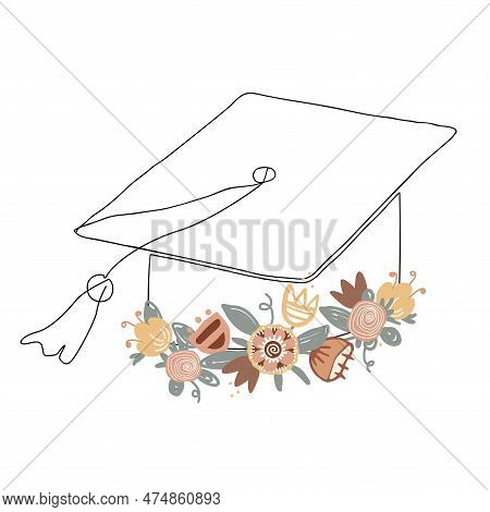 Graduation Hat Decorated With Flower Wreath. Mortarboard In Continuous One Line Drawing Style. Gradu
