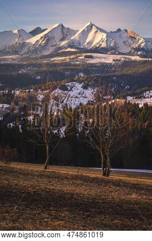 Charming Panorama Of The Polish Tatra Mountains In The Morning. View Of The Belianske Tatras From Th