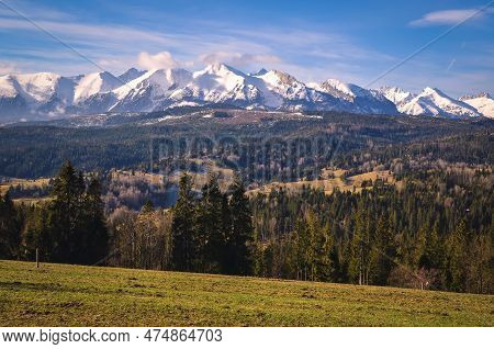 Charming Panorama Of The Polish Tatra Mountains In The Morning. View Of The High Tatras From The Vil