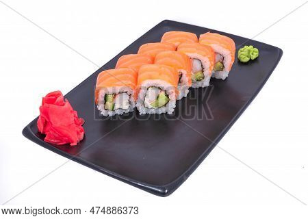 Japanese Seafood Sushi Roll Isolated On White Close Up. Japanese Food Restaurant, Sushi Maki Gunkan 