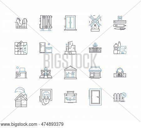 Castles Line Icons Collection. Fortress, Palace, Keep, Moat, Turret, Drawbridge, Fantasy Vector And 