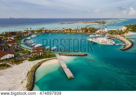 Marina At The Crossroads Maldives Islands. South Male Atoll. Aerial Drone Picture. June 2021