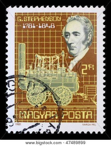 Ungheria - CIRCA 1981: timbro stampato da Ungheria, spettacoli di George Stephenson e il suo vapore locomotivo, ci