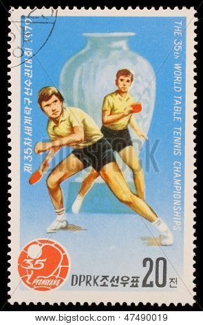 Nordkorea - CIRCA 1979: et frimærke, trykt af Nordkorea viser bordtennis spillere. Verden tabel tenis 