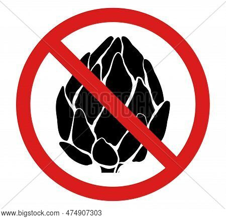 Vector Prohibited Sign With Black Silhouette Of Artichoke Isolated From Background. Allergy Danger. 