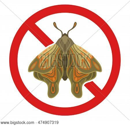 Vector Prohibited Badge With Moth For Pesticide And Repellent. Forbidden Sticker Butterfly Clipart. 