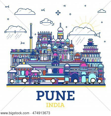 Outline Pune India City Skyline With Colored Historic Buildings Isolated On White. Vector Illustrati