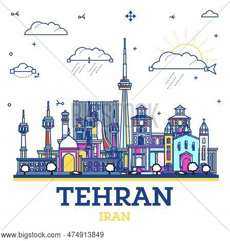 Outline Tehran Iran City Skyline With Colored Historic Buildings Isolated On White. Vector Illustrat