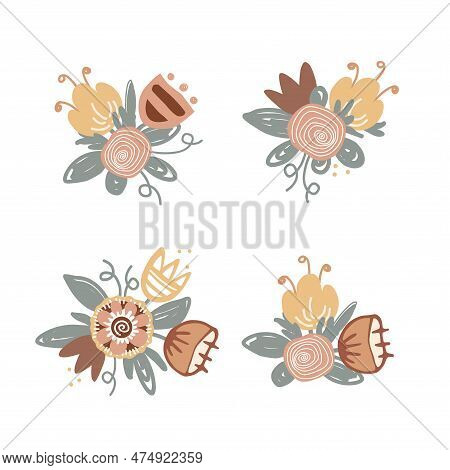 Set Of Cute Small Bouquets In Scandinavian Style. Floral Design Elements From Doodle Flowers. Decora