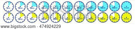 5, 10, 15, 20, 25, 30, 40, 45, 50, 55 Minutes And 1 Hour Waiting Time Clock Icon Collection.