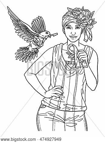 A Cute And Beautiful Coloring Page Of A Woman Holding Ribbon. Provides Hours Of Coloring Fun For Adu