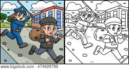 This Coloring Page Shows A Policewoman Chasing Thief. One Side Of This Illustration Is Colored And S