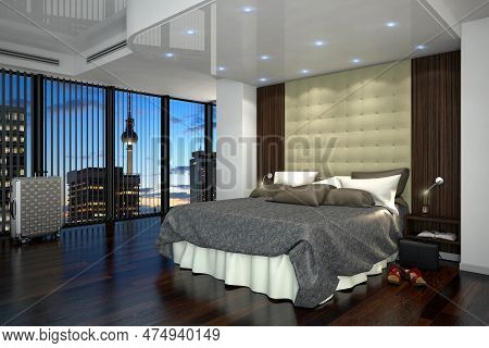 3d Rendering - Hotel Room With A Kingsize Bed - Bedroom