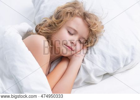 Daytime Sleep. Cute Child Sleeping On Bed At Home. Bedtime, Kid Sleeps. Kid Asleep On Soft Pillow Wi