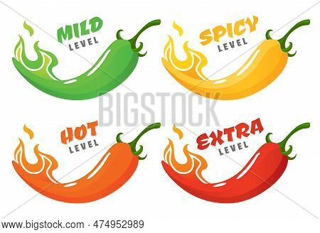 Level. Hot Chili Pepper Icons Set With Flame And Color Rating Of Mild, Medium Hot And Extra Hot. Lev