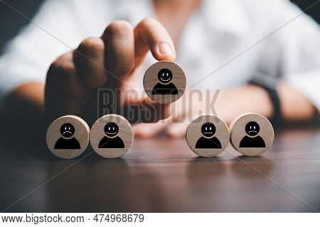 Customer Service Evaluation And Satisfaction Survey Concepts. The Client's Hand Picked The Happy Fac