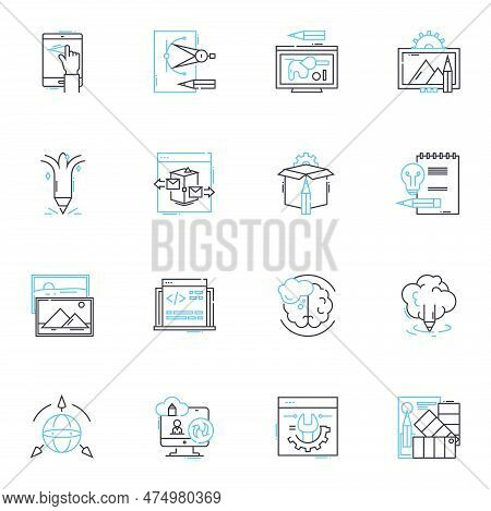 Virtual Processing Linear Icons Set. Digitization, Automation, Interactivity, Simulation, Virtualiza