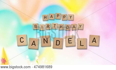 Happy Birthday Candela Card With Wooden Tiles Text. Girls Birthday Card With Colorful Background.