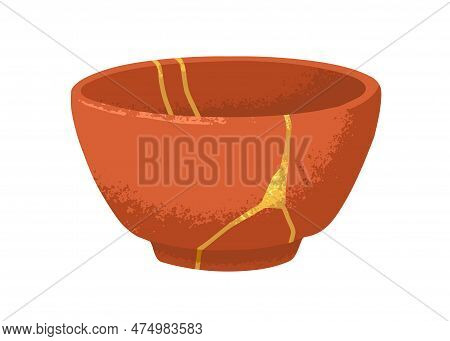 Chinese Pottery, Ceramic Bowl In Asian Eastern Kintsugi Style. Reborn Broken Dish Design, Repaired W