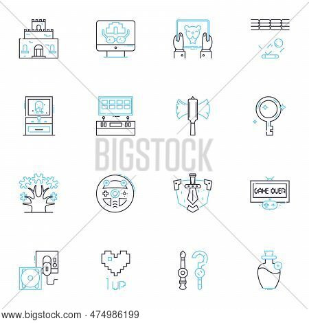 Amusement Linear Icons Set. Thrill, Fun, Happiness, Adventure, Excitement, Laughter, Enjoyment Line 