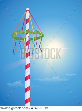 Maypole With Colorful Ribbons On Blue Sunny Sky Background