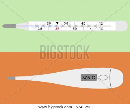 Illustration af analoge og digitale kliniske termometre på grå