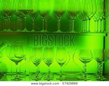Crystal Glasses  Lined Up In Illuminated Plexiglass   Case