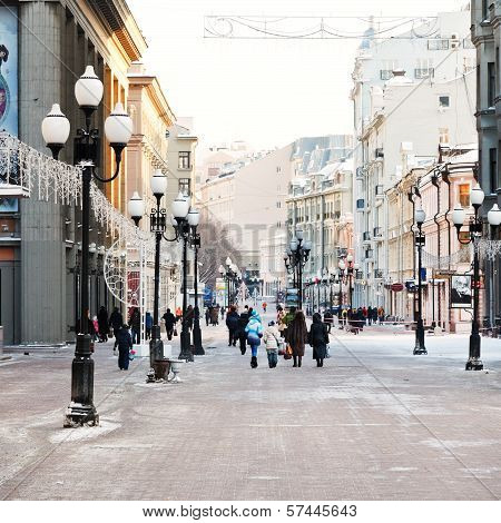 Historical Pedestrian Arbat Street In Moscow