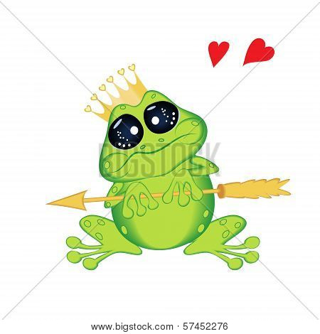 Frog with big eyes plaintive holding arrow.