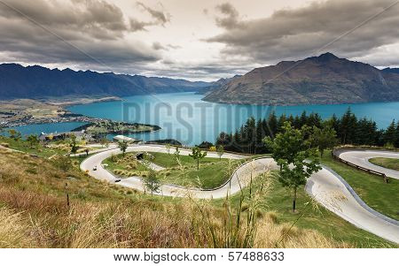 Luge track with beautiful lake and mountain