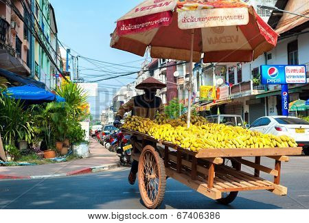 VIENTIANE, LAOS - 11 DEC,2013: Unidentified street vendor sells bananas in downtown of Laotian capital. 