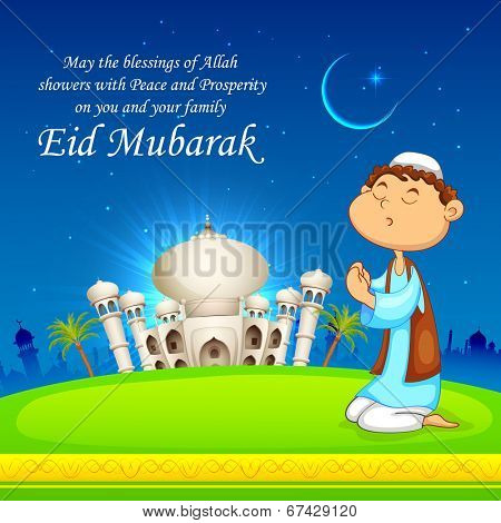 illustration of kid offering namaaz for Eid celebration